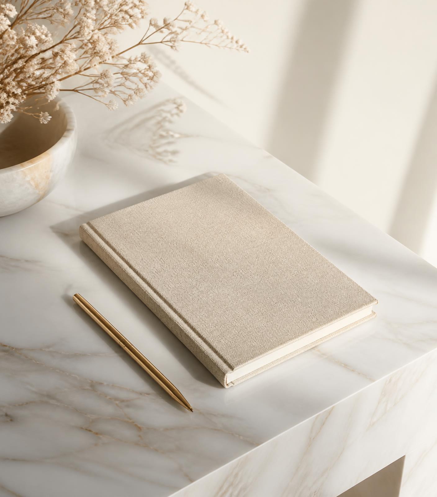 A linen notebook and gold pen on a marble surface, representing considered strategic work